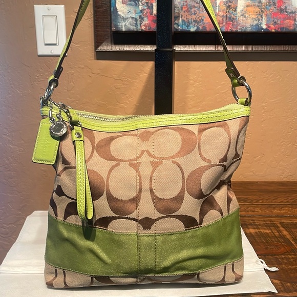 Coach Handbags - Coach Signature C Tan Canvas & Lime Green Leather Shoulder Bag EUC w/dust bag